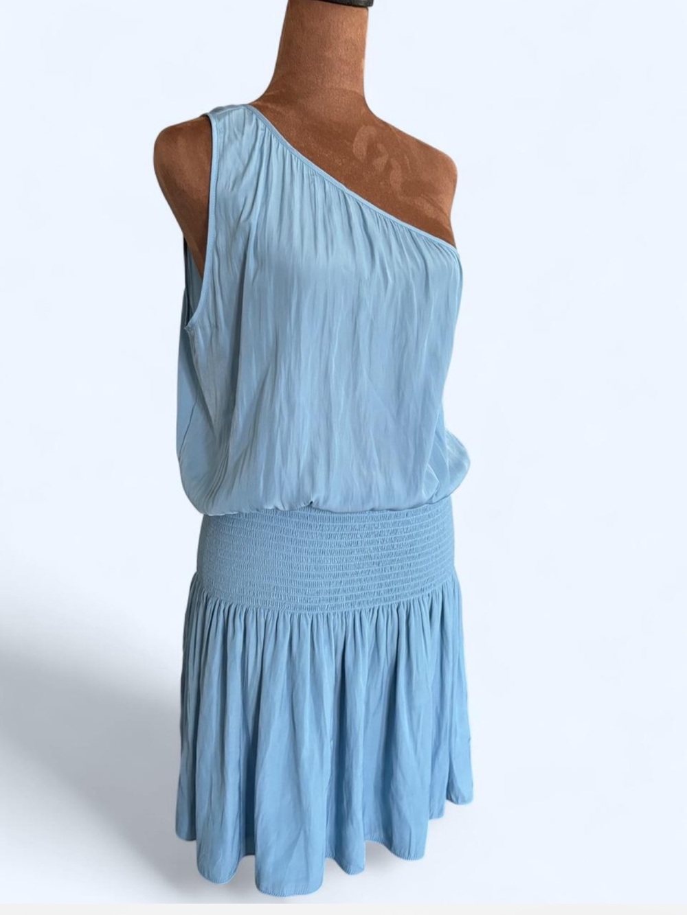 Ramy Brook One Shoulder Blue Smocked Waist Handkerchief Hem Designer Dress S